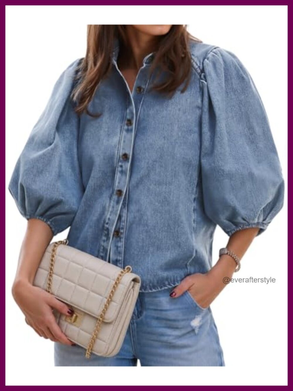 Women's Denim Button Down Shirt Puff Short Sleeve Jean Jacket